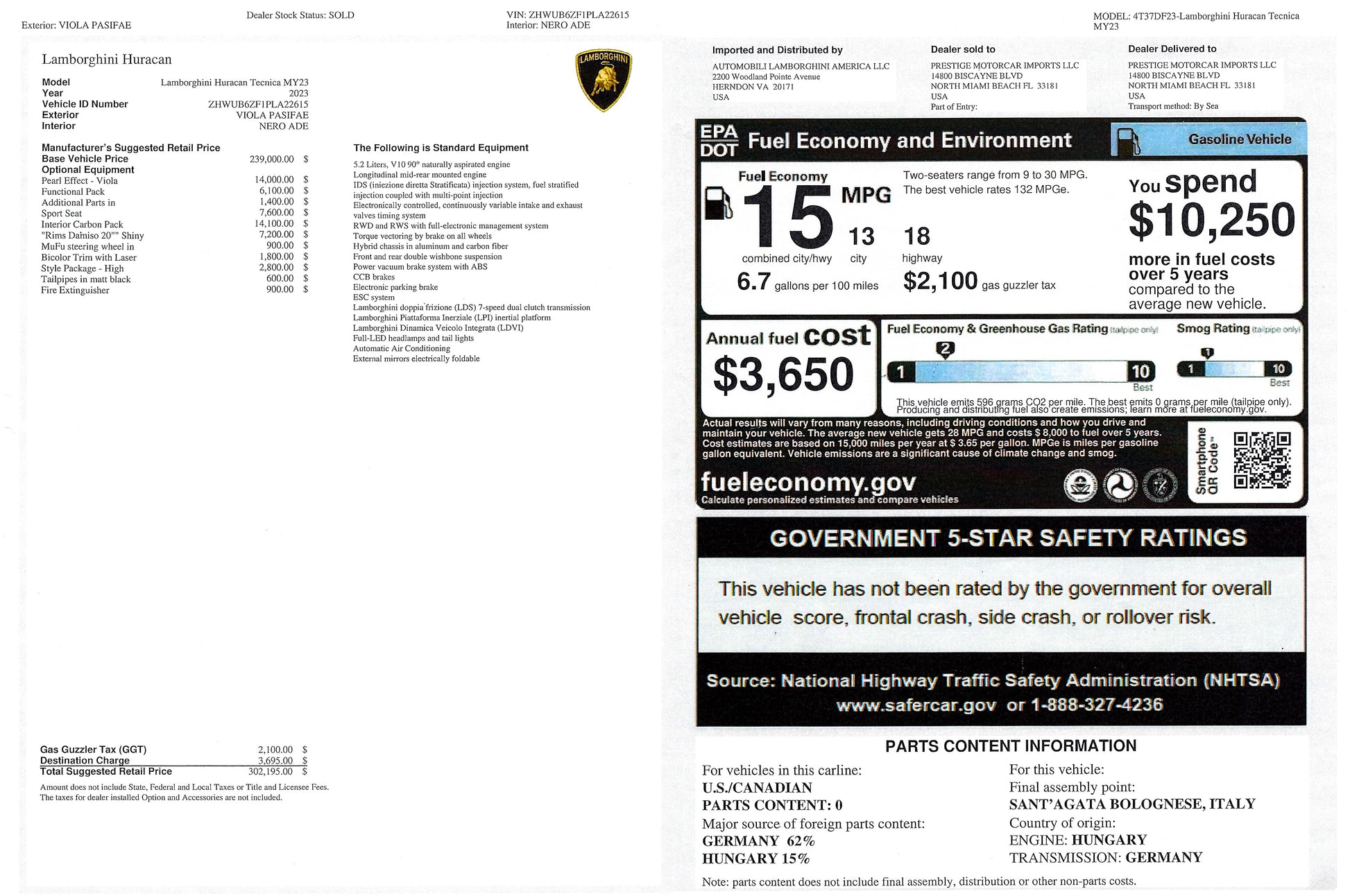 2023 Lamborghini Huracan Tecnica Viola Pasifae Window Sticker